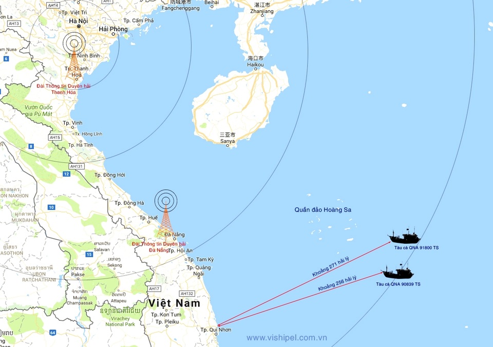 Hai ngư dân ốm nặng trên biển, cần giúp đỡ khẩn cấp - 1 Vị trí hai tàu cá Quảng Nam có ngư dân bị ốm nặng đang cần được giúp đỡ. (Ảnh: Hệ thống Thông tin Duyên hải Việt Nam)
