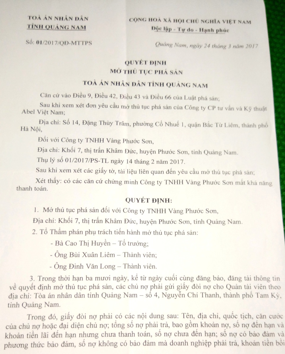 Tòa án quyết định mở thủ tục phá sản Công ty vàng Phước Sơn - 1 Tòa án quyết định mở thủ tục phá sản Công ty vàng Phước Sơn - 1