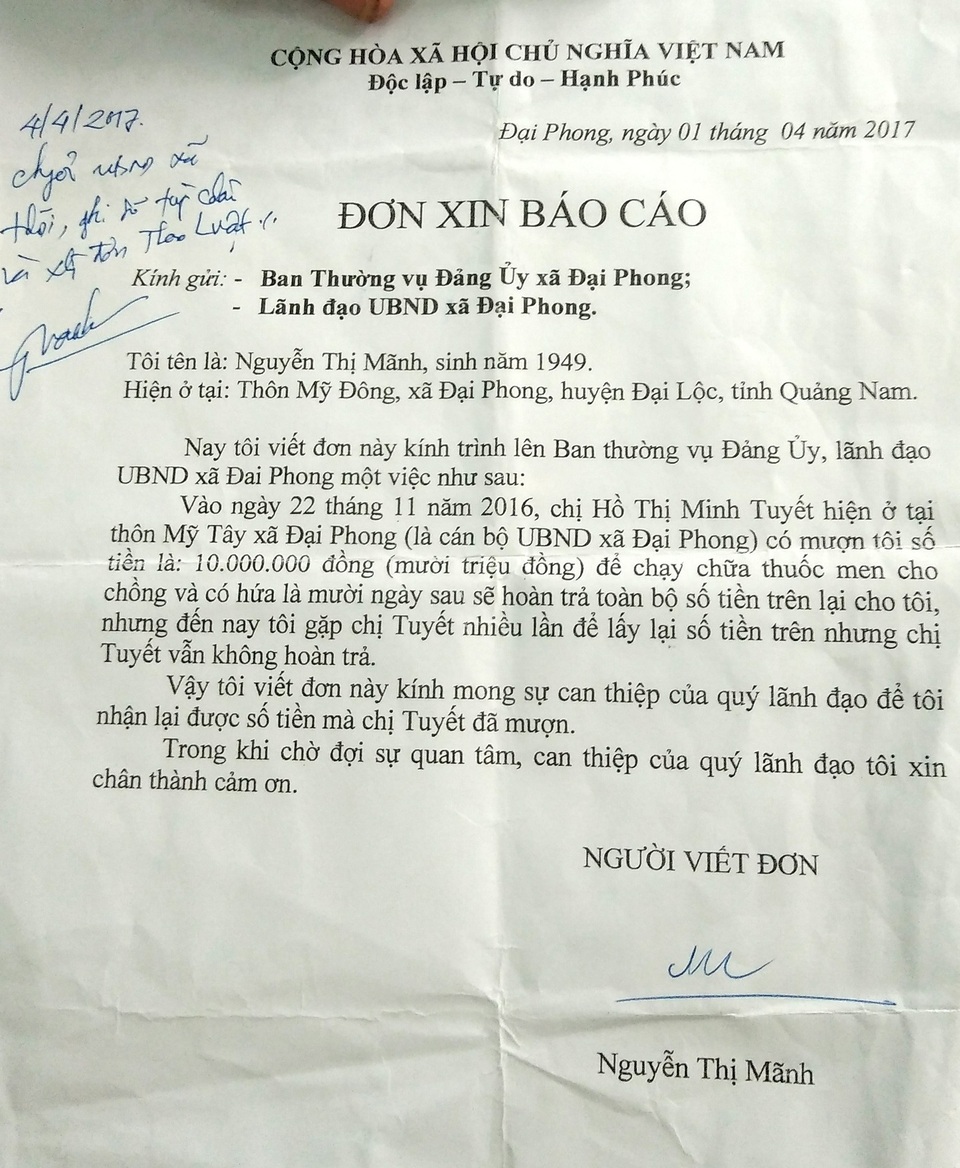 Đơn tố cáo của bà Mãnh gửi tới cơ quan chức năng tố bà Tuyết “quỵt” tiền