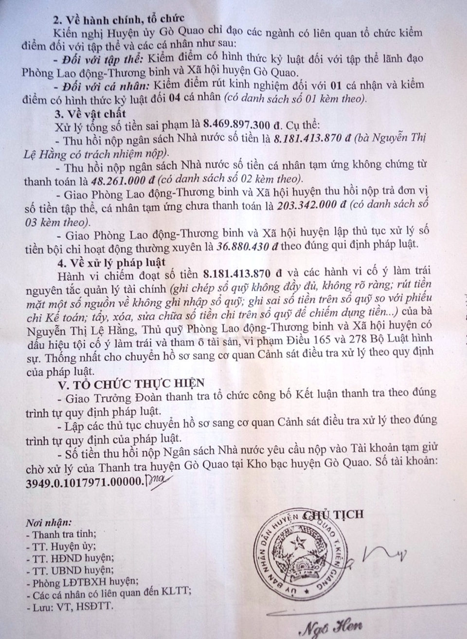 Thủ quỹ phòng Lao động huyện chiếm dụng hơn 8,1 tỷ đồng - 1 Từ dấu hiệu vi phạm của bà Nguyễn Thị Lệ Hằng - Thủ quỹ Phòng LĐTB và XH huyện Gò Quao, Chủ tịch UBND huyện này thống nhất chuyển hồ sơ sang CQCS điều tra xử lý theo quy định pháp luật