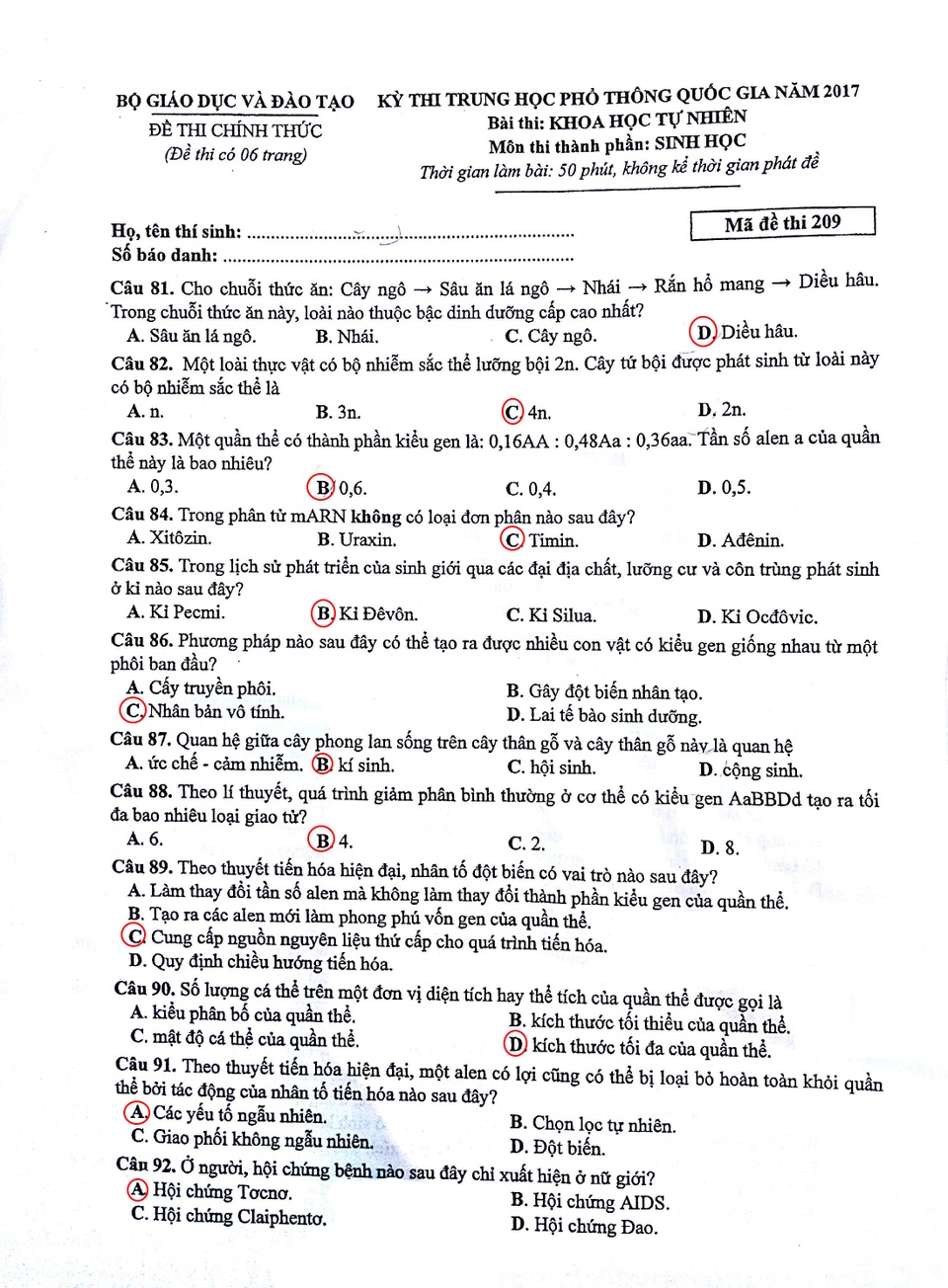Đáp án giải đề thi môn Sinh học THPT quốc gia 2017, mã đề 209 - 1 Đáp án giải đề thi môn Sinh học THPT quốc gia 2017, mã đề 209 - 1