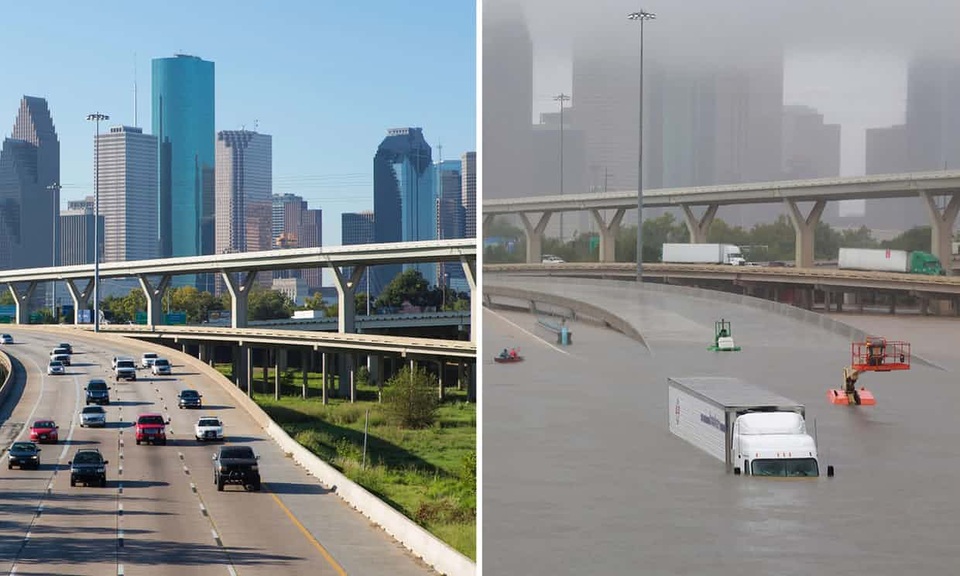 Chùm ảnh cho thấy sức tàn phá kinh hoàng của 'siêu bão' đổ bộ nước Mỹ - 1 Cầu vượt Houston trước và sau khi siêu bão đổ bộ.
