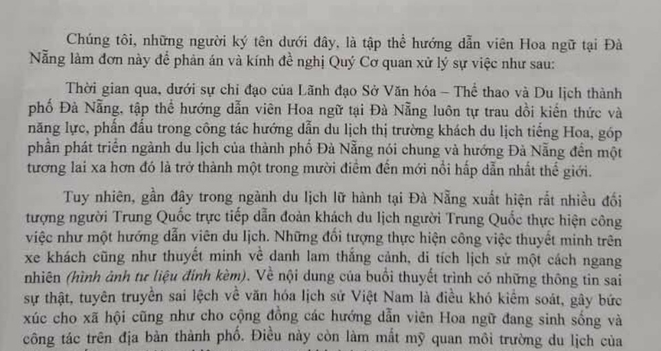 Bức xúc tình trạng người nước ngoài hướng dẫn du lịch “chui” - 1 Các HDV tiếng Hoa vừa có đơn kiến nghị chính quyền, ngành du lịch và các cơ quan chức năng liên quan ở Đà Nẵng xử lý tình trạng người Trung Quốc hướng dẫn du lịch trái phép trên địa bàn thành phố