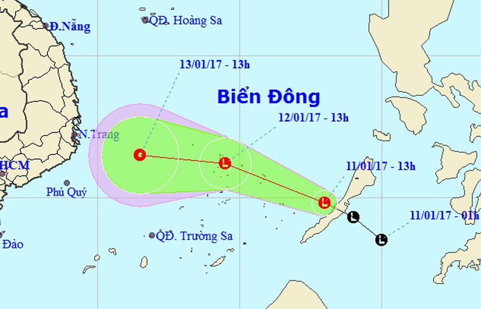 Xuất hiện vùng áp thấp trên Biển Đông - 1 Vị trí và hướng di chuyển của vùng áp thấp trên Biển Đông (Ảnh: NCHMF).