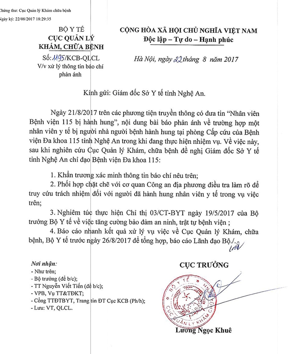 Yêu cầu làm rõ vụ nữ bác sĩ bị hành hung tại phòng cấp cứu - 1 Cục Quản lý khám, chữa bệnh cũng yêu cầu BVĐK 115 nghiêm túc thực hiện chỉ thị của Bộ trưởng Bộ Y tế về việc tăng cường bảo đảm an ninh, trật tự tại BV.