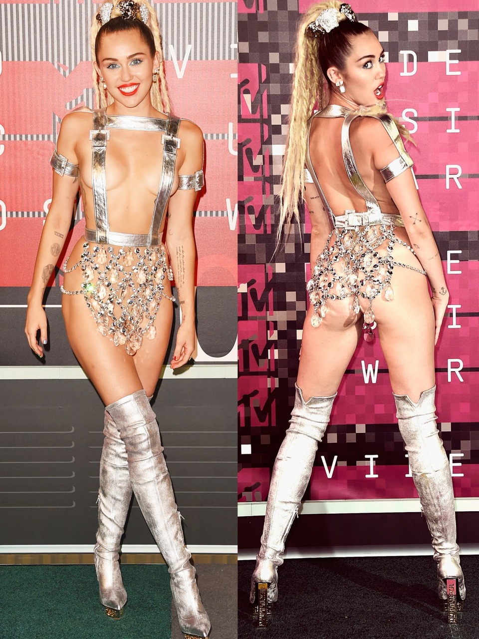 Tại lễ trao giải MTV Video Music Awards 2015, trong vai trò người dẫn chương trình, Miley Cyrus đã lựa chọn nhiều bộ trang phục hở bạo, trong số đó có một bộ đồ… khó tả như thế này. Miley Cyrus vốn là một cá tính nổi loạn trong nền công nghiệp giải trí Mỹ với những lựa chọn thời trang nhiều lúc rất gây tranh cãi. Tại sự kiện trao giải âm nhạc hồi năm 2015, cô đang ở thời kỳ nổi loạn nhất.