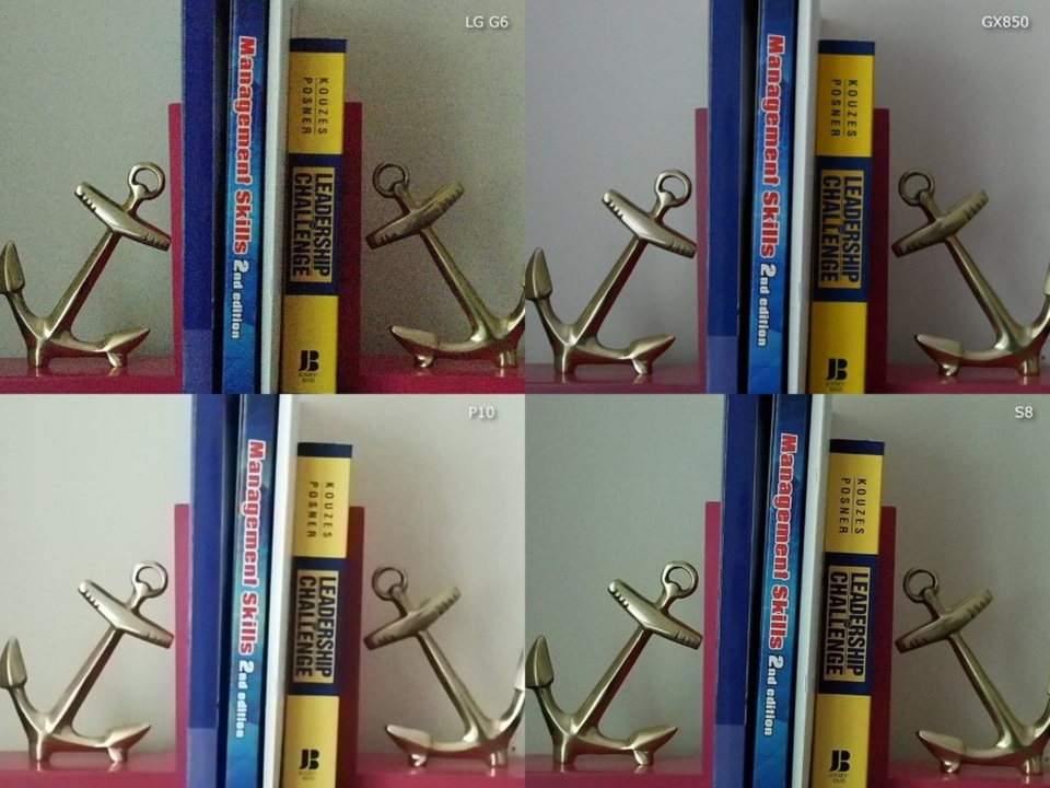 Trong bài test chụp giá sách ở điều kiện thiếu sáng, cả GX850 và S8 đều cho thấy sự vượt trội của mình nhờ khẩu độ lớn và cho ảnh chi tiết cao, ít bị noise. Trong khi đó LG G6 lộ khá rõ noise, và P10 thậm chí không tái hiện được đúng màu sắc vật thể.