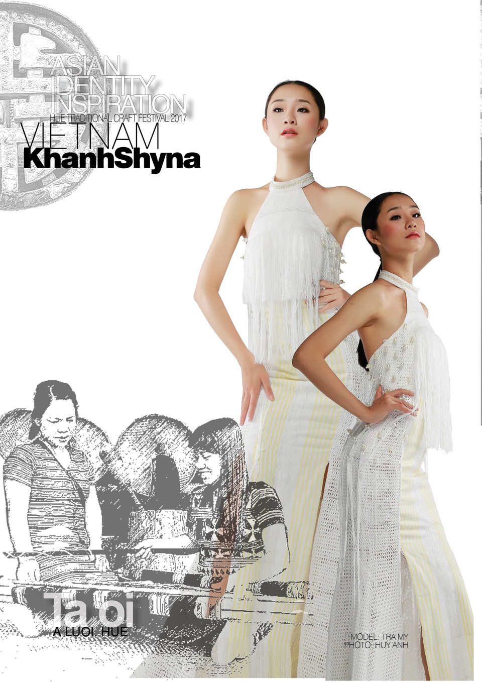 BST của NTM Khánh Shyna (Huế), trên chất liệu truyền thống của dệt Zèng (A Lưới) trên tinh thần sáng tạo của việc xử lý chất liệu, biến tấu những chất liệu truyền thống màu đen trở thành những gam màu sáng nhẹ nhàng và tinh tế, từ đó tạo nên những mẫu váy cưới sang trọng và tinh xảo