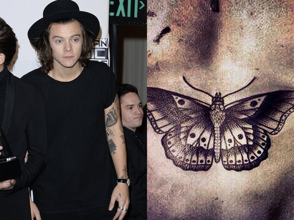 Nam ca sĩ Harry Styles có hình xăm cánh bướm trên bụng và hơn… 40 hình xăm khác. Harry Styles rất thích xăm mình và liên tục bổ sung thêm những hình xăm mới, ngoài hình xăm cánh bướm rất ấn tượng, nam ca sĩ còn có hình xăm hai chú chim nhạn trên ngực, hình chữ thập trên ngón tay, hình nàng tiên cá trên cánh tay, hình trái tim giải phẫu trên bắp tay…