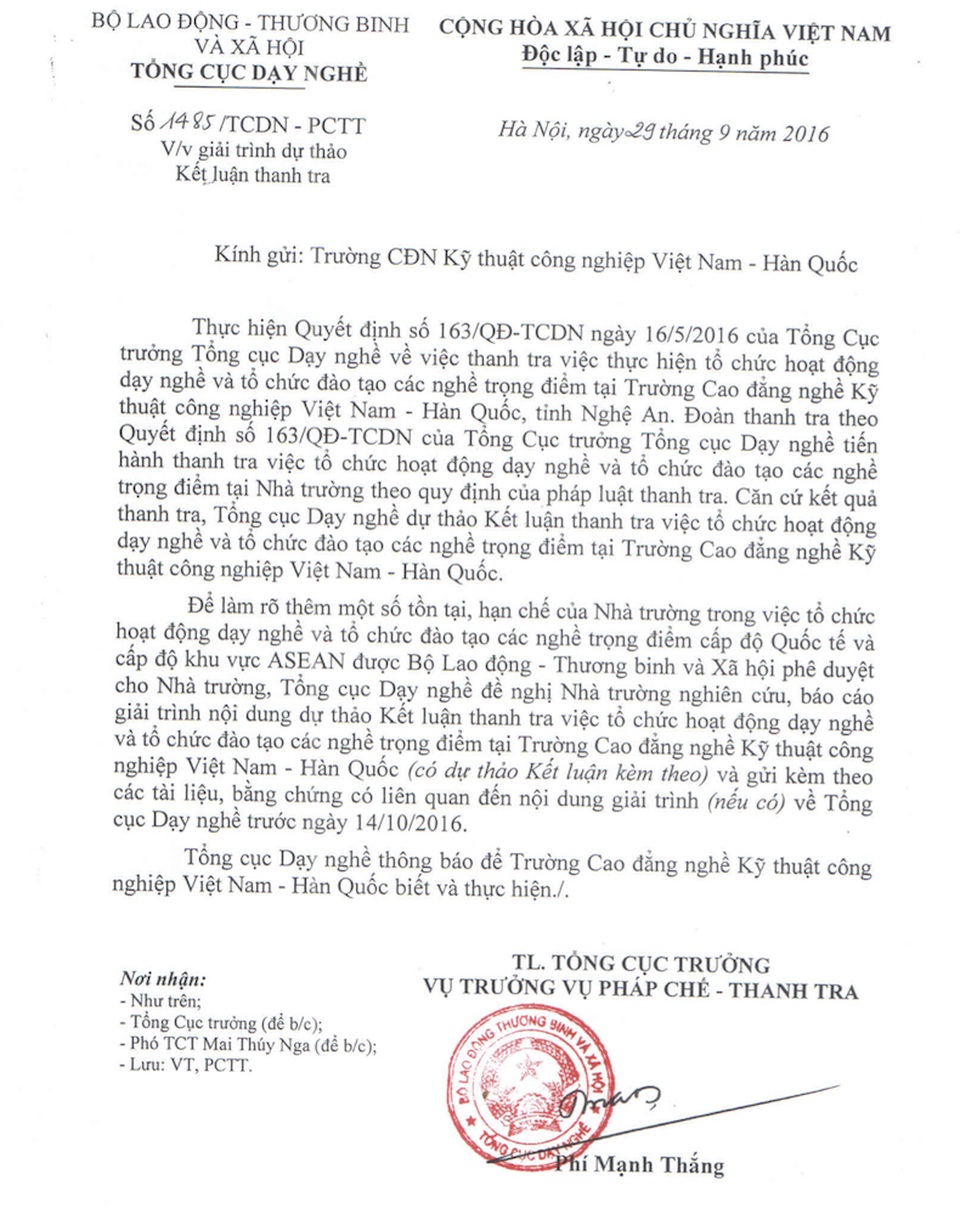 Vụ hiệu trưởng bị “tố” tham quyền, cố vị: UBND tỉnh Nghệ An thừa nhận căn cứ vào văn bản đã bị thay thế! - 4 Tổng Cục dạy nghề yêu cầu Trường CĐ Việt Nam - Hàn Quốc giải trình một số sai phạm?.