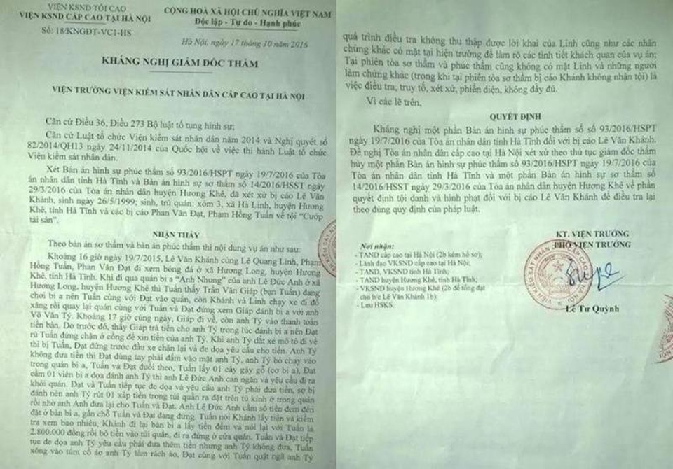 Vụ em học sinh bị kết tội cướp tài sản: Giao TAND tỉnh Hà Tĩnh xét xử phúc thẩm lại! - 3 Quyết định Kháng nghị của VKSND cấp cao tại Hà Nội