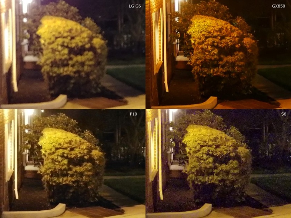 Trong điều kiện thiếu sáng ngoài trời kết hợp nguồn sáng mạnh, Galaxy S8 có vẻ như là người làm tốt nhất phần việc của mình trong việc duy trì độ nét và tông màu thực tế. GX850 đứng ở vị trí thứ hai, dù tông màu vẫn bị ám đỏ. LG G6 và P10 bị noise và mất nét khá nhiều khi zoom chi tiết vào bụi cây.