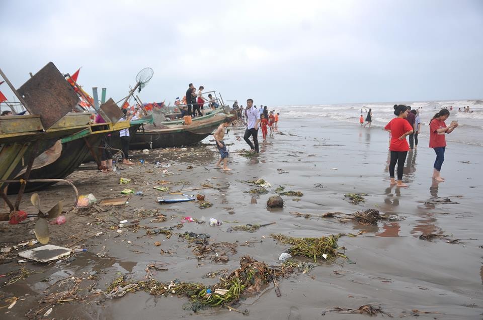 Rác được xả ra tràn xuống cả bãi biển, trong đó chủ yếu là vỏ dừa, vỏ hộp sữa, túi nilon… Ngoài ra, dọc bờ biển nhiều đoạn bèo tây phủ kín cả bãi tắm
