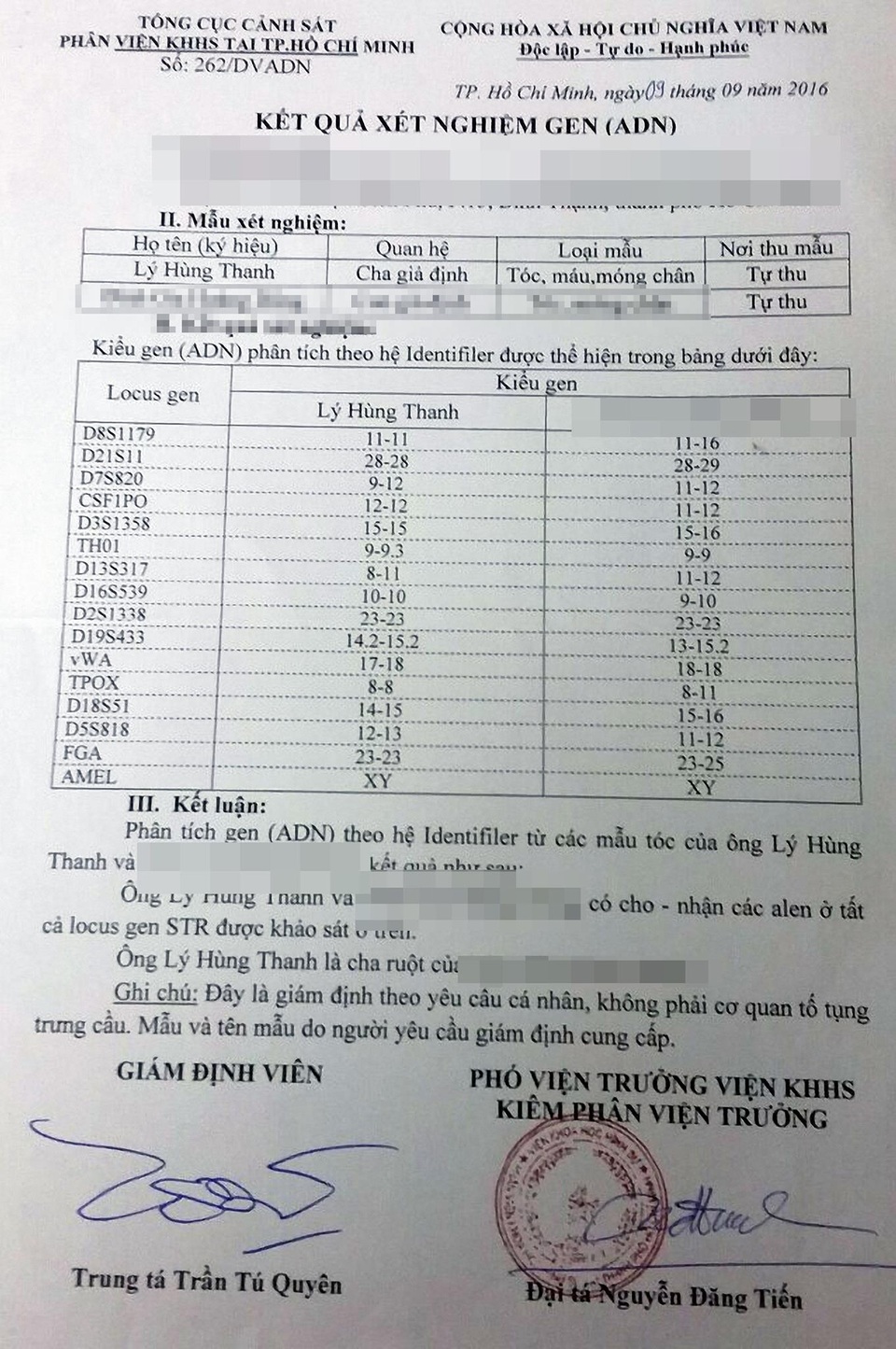 Cách chức Đảng của Cục trưởng Cục Thống kê vì có quan hệ “bất chính” - 2 Bản xét nghiệm AND do bà Thành cung cấp