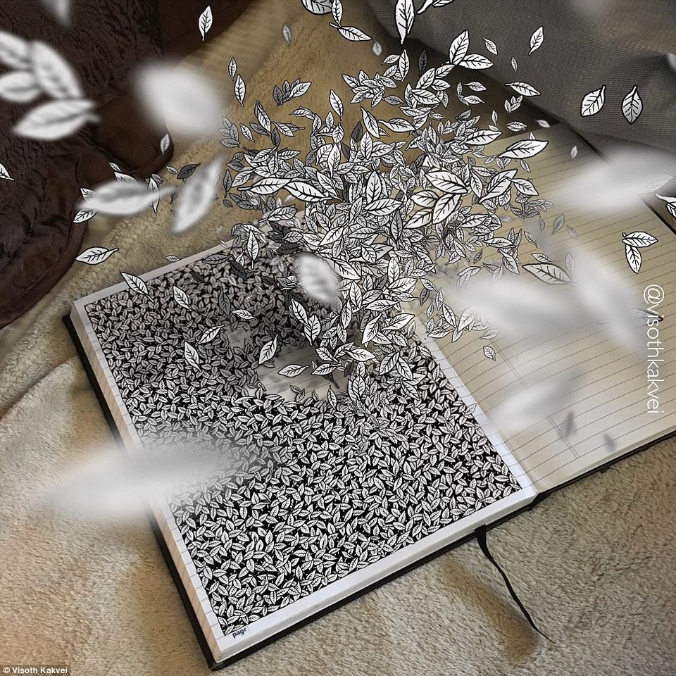 Lá bay lên từ trang giấy. Bức vẽ có sử dụng hiệu ứng chỉnh sửa.