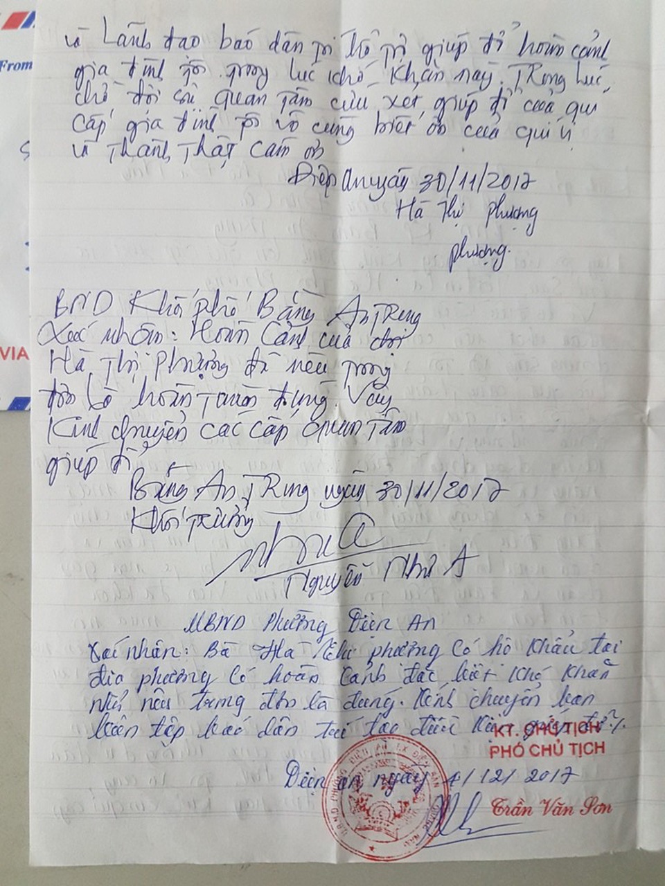 Đơn của gia đình gởi Báo Dân trí nhờ giúp đỡ