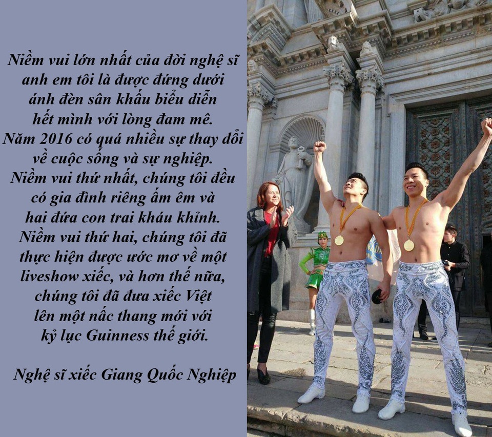 Táo Quân, “Bố ơi, mình đi đâu thế” và… cảnh nóng 18+ - 2 Quốc Cơ - Quốc Nghiệp chính thức được xác lập kỷ lục Guinness thế giới - Vào ngày 22/12/2016, hai anh em Quốc Cơ - Quốc Nghiệp đã nỗ lực thực hiện động tác chống đầu thăng bằng đi hết 90 bậc thang của Nhà thờ chính tòa Girona, thuộc thành phố Girona, Tây Ban Nha trong vòng 52 giây.