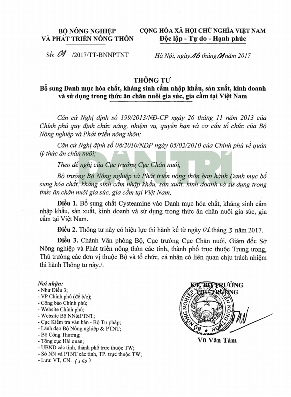 Chính thức đưa Cysteamine vào danh mục chất cấm sử dụng trong chăn nuôi - 1 Thông tư của Bộ NN&PTNT.