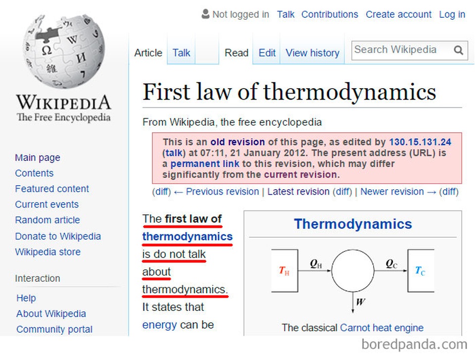 "Phì cười" trước những nội dung "chế" trên trang Wikipedia - 2 Quy tắc đầu tiên của Thermodynamics (nhiệt động lực học) đó là ... đừng nhắc tới thermodynamics
