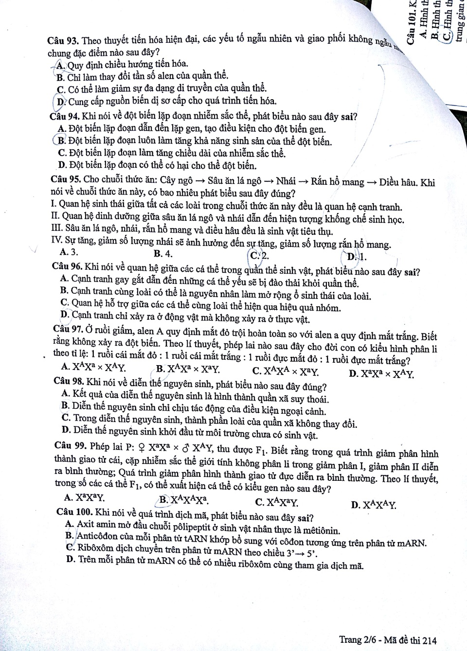 Đáp án bài giải môn Sinh học mã đề 214 - 2