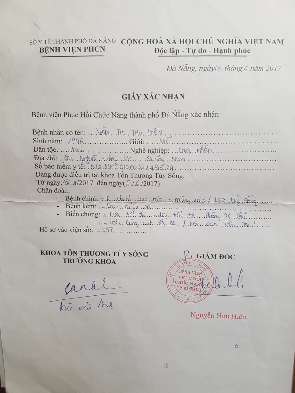 Xót xa cảnh chồng nuôi vợ bị liệt vì di chứng lao não - 2 Giấy xác nhận bệnh của BV BV Phục hồi chức năng
