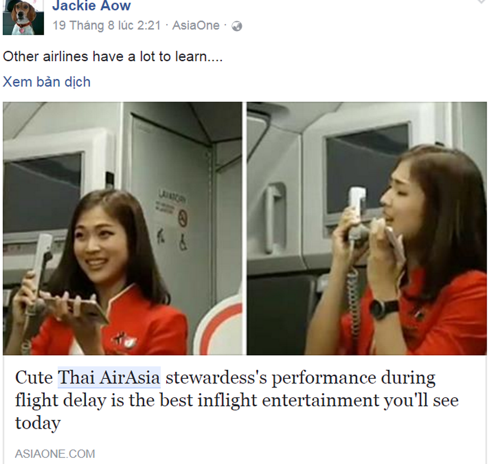 Một tài khoản khác là Jackie Aow thì cho rằng đây là điều các hãng hàng không khác nên học theo nhằm tạo ra bầu không khí thoải mái cho hành khách của mình, thay vì chỉ đưa ra những thông báo nhàm chán.
