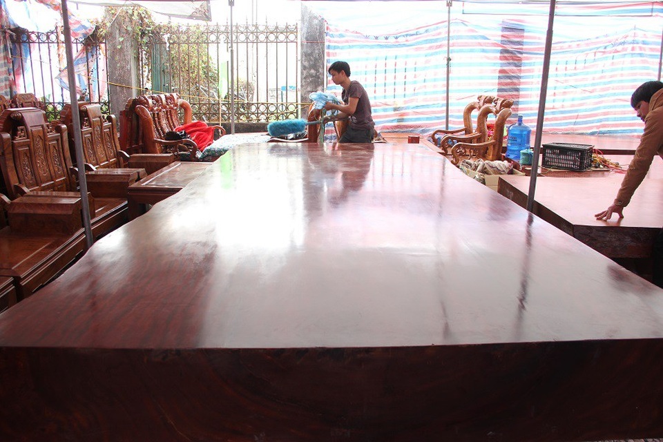 Anh Luận cho hay, sập gỗ nổi bật bởi các đường vân gỗ đối xứng đẹp mắt trên bề mặt. Để sở hữu được chiếc sập gỗ “khủng” này anh Luận phải mất rất nhiều thời gian tìm kiếm, săn lùng qua các thương lái. “Ở Việt Nam, những cây gỗ cẩm có tuổi đời hàng nghìn năm hiện rất hiếm và gần như không còn, muốn mua chúng tôi phải săn tìm ở một số nước Nam Phi. Sập gỗ được vận chuyển theo đường biển về Việt Nam sau đó sẽ được các nghệ nhân đánh bóng, mài giũa bề mặt cho phẳng và mịn, các đường gân gỗ vẫn được giữ như trong tự nhiên”, anh Luận nói.