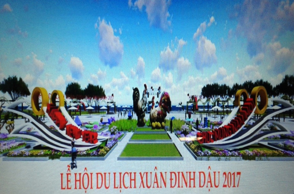 Dựng gà “khủng” cao 5,5m đón Tết Đinh Dậu - 2 Phối cảnh không gian Lễ hội du lịch xuân Định Dậu với hình linh vật cặp gà khủng cao 5,5 mét đặt tại vị trí Trung tâm quảng trường tỉnh Bình Định ngay sát bãi biển Quy Nhơn thơ mộng