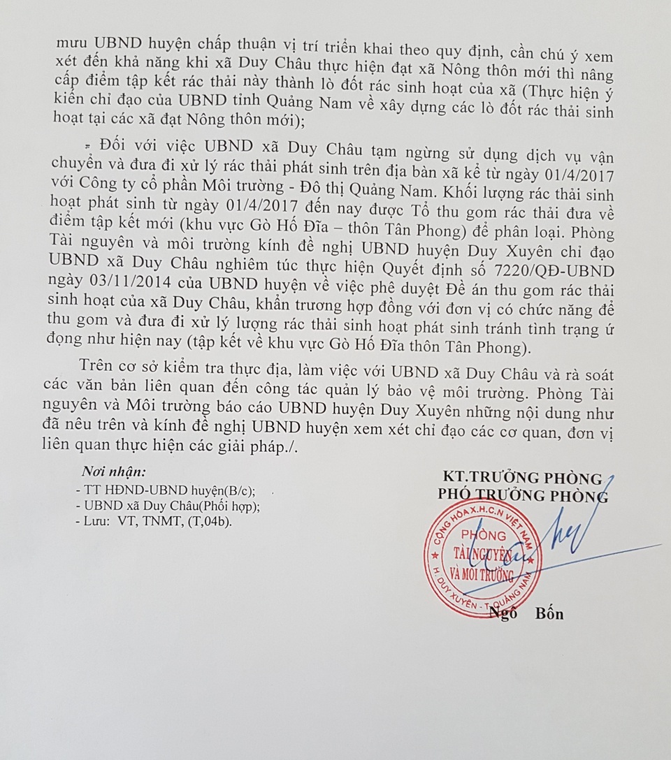 Xã xây trạm xử lý rác không phép: Tạm dừng để kiểm tra! - 2 Văn bản của Phòng TN-MT gởi UBND huyện báo cáo xin ý kiến với đề án thu gom rác thải của xã Duy Châu