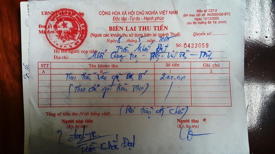 
Số tiền 2 triệu đồng anh Đạt phải nộp cho phường.
