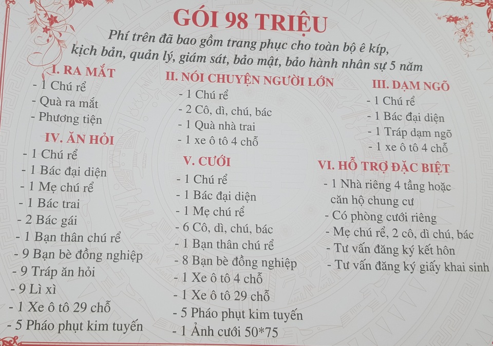 “Sốc” với dịch vụ thuê… chồng giá trăm triệu ở Hà Nội - 1 Bảng giá dịch vụ thuê chồng và đám cưới giả có giá 98 triệu.