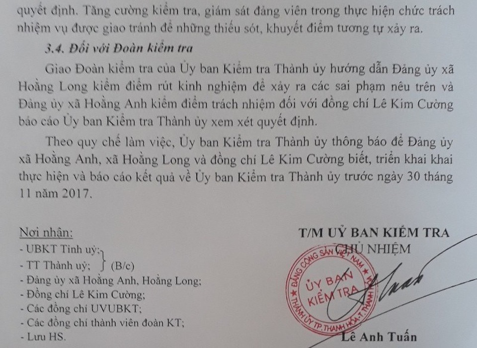 Ủy ban kiểm tra Thành ủy thành phố Thanh Hóa yêu cầu kiểm điểm trách nhiệm đối với các cá nhân, tập thể