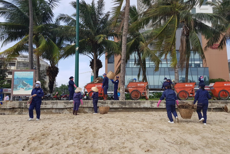 Bãi biển Nha Trang ngập rác sau mưa lớn - 10 Rác được công nhân thu gom đưa lên xe đang tập kết trên hành lang đường Trần Phú chở đi tiêu hủy vào trưa 27/12