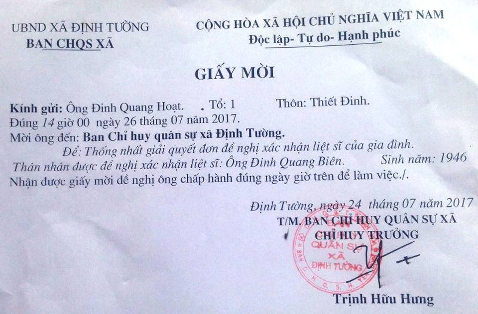 Đi tìm danh dự cho người lính đã hi sinh: “Le lói” niềm hi vọng! - 6 Giấy mời gia đình để thống nhất giải quyết đơn đề nghị xác nhận liệt sĩ của gia đình thân nhân được đề nghị xác nhận liệt sĩ là ông Đinh Quang Biên.