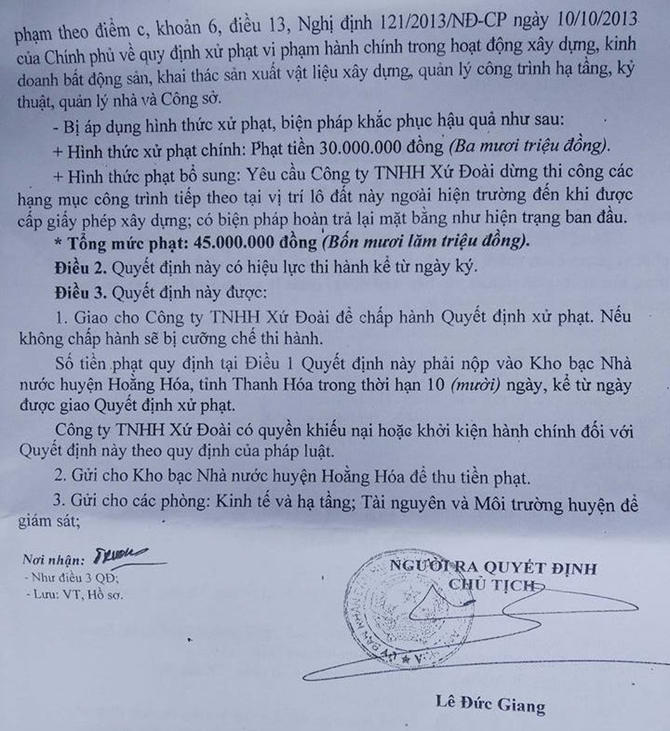 Công ty du lịch ngang nhiên phá rừng phòng hộ để... xây bể bơi - 4 Quyết định xử phạt hành chính đối với công ty TNHH Xứ Đoài