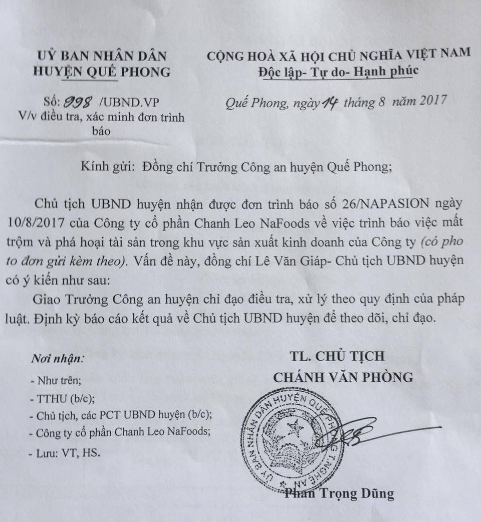 Đau đớn phát hiện 1200 gốc chanh leo bị chặt phá tan hoang trong đêm! - 9 UBND huyện Quế Phong đã có văn bản về việc điều tra, xác minh đơn trình báo của Công ty CP Chanh leo NaFoods.