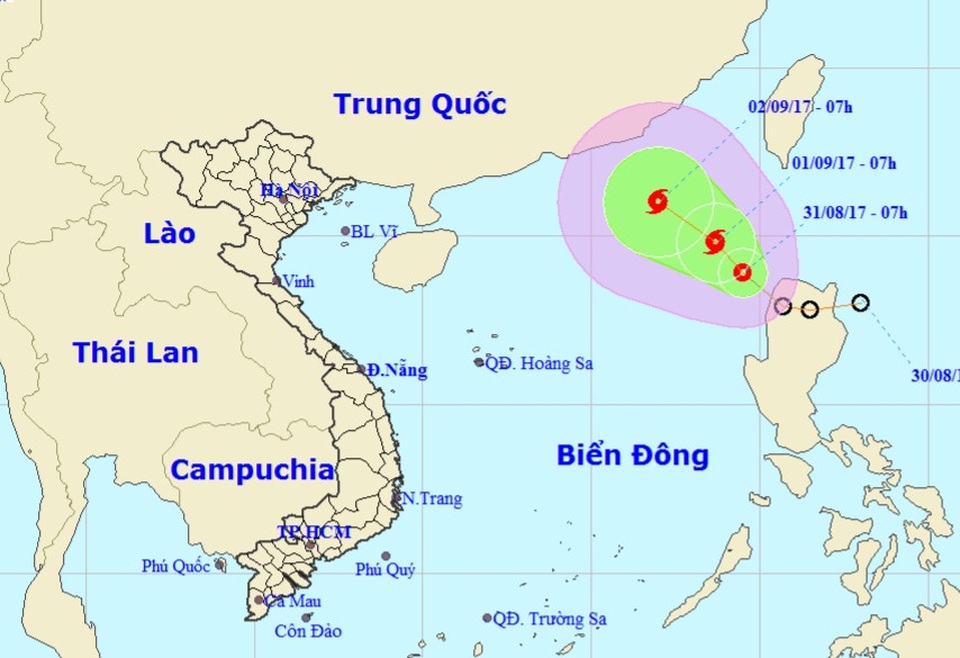 Áp thấp nhiệt đới đã vào Biển Đông - 1
Vị trí và đường đi dự báo của áp thấp nhiệt đới trên Biển Đông.
