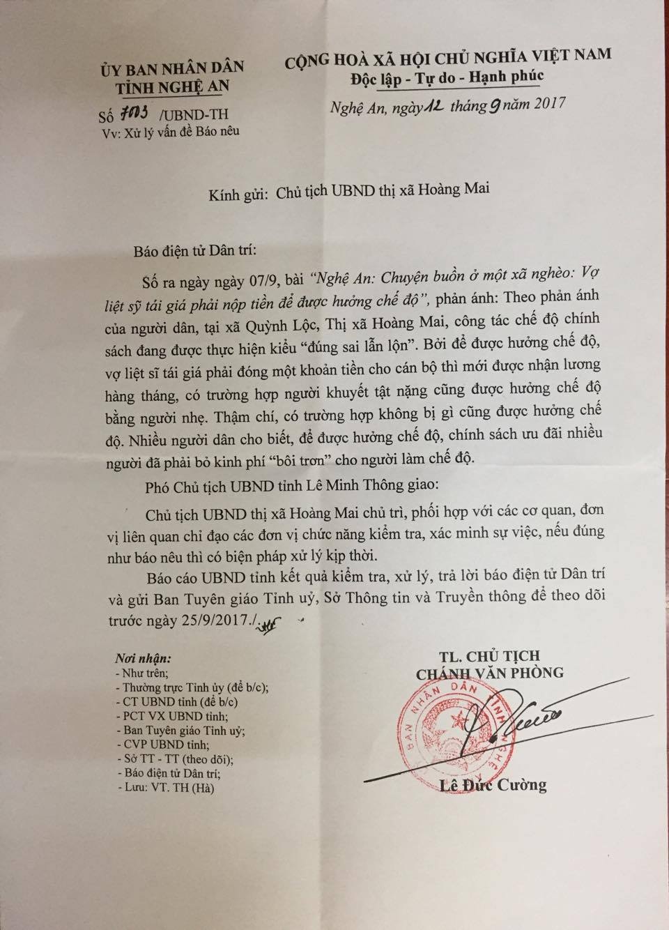 Vụ vợ liệt sĩ tái giá phải nộp tiền để được hưởng chế độ: Sự thật lộ sáng! - 1 UBND tỉnh Nghệ An có Công văn gửi báo Dân trí xử lý vụ việc báo nêu.