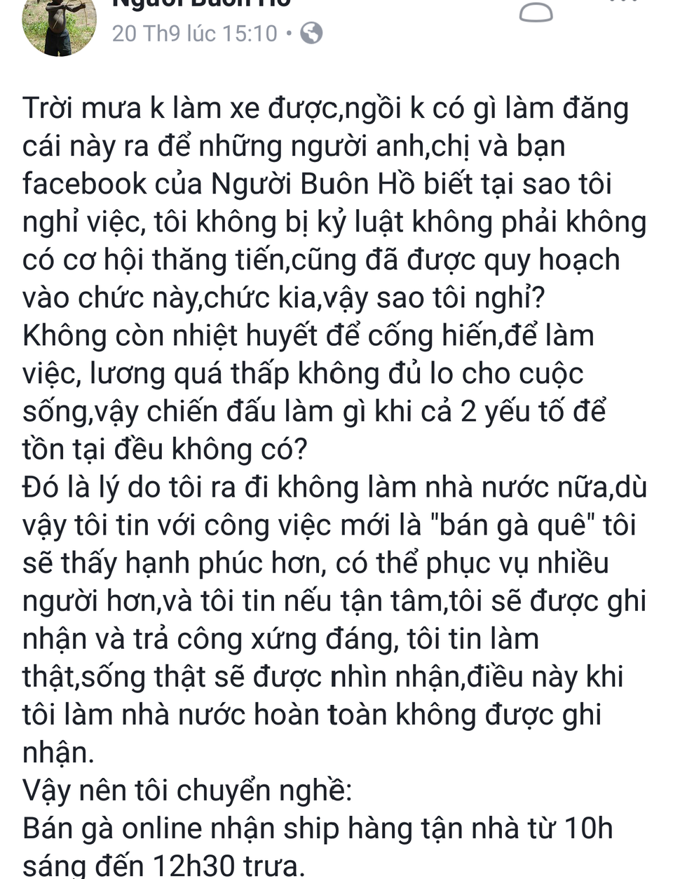 Trưởng phòng Sở Công Thương xin thôi việc về bán… gà nướng - 1
Đoạn chia sẻ trên mạng xã hội về lý do nghỉ việc nhà nước của anh Hoàng
