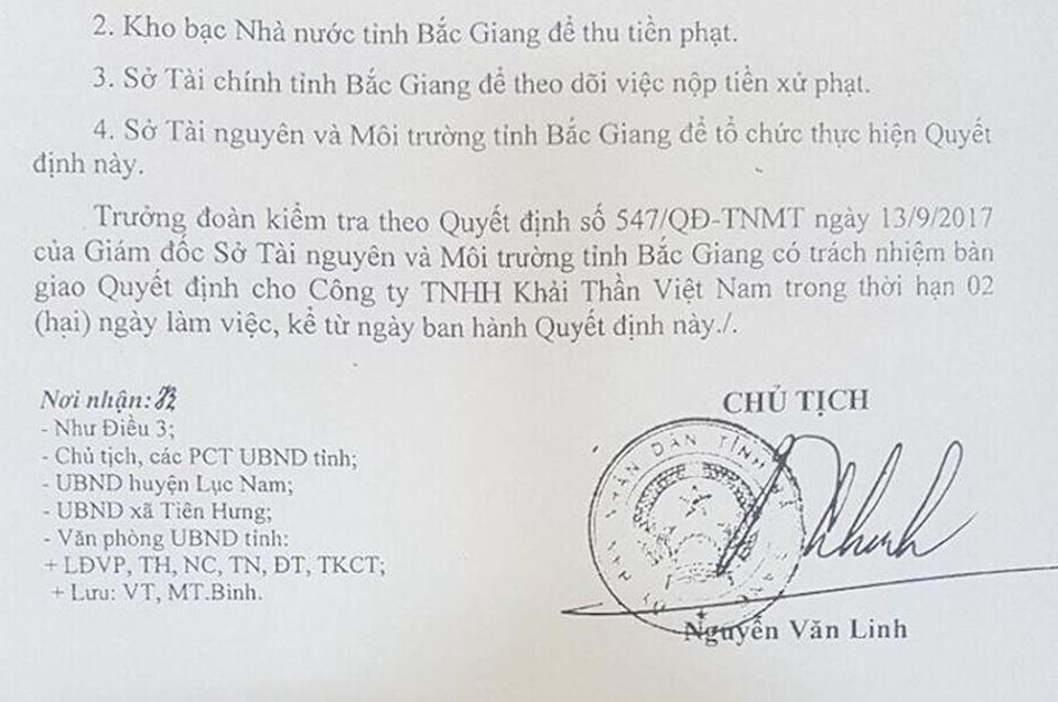 Hàng loạt chiêu “bức tử” môi trường của một doanh nghiệp nước ngoài tại Bắc Giang - 2
Công ty TNHH Khải Thần Việt Nam đã bị xử phạt tổng cộng 560 triệu đồng và bị đình chỉ hoạt động 3 tháng với hàng loạt các chiêu trò “bức tử” môi trường.