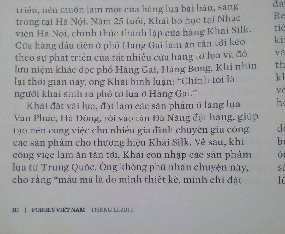 Khaisilk từng thừa nhận nhập hàng Trung Quốc từ năm 2013 - 1 Bài viết trên Forbes từ năm 2013 có đoạn Khaisilk thừa nhận nhập hàng Trung Quốc.