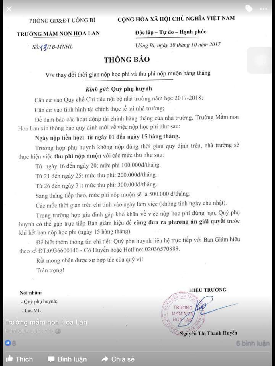 Quảng Ninh: Yêu cầu trường mầm non dừng ngay việc thu phí phụ huynh nộp học phí muộn - 1 Thông báo thu phí muộn gây bức xúc, lo lắng trong phụ huynh