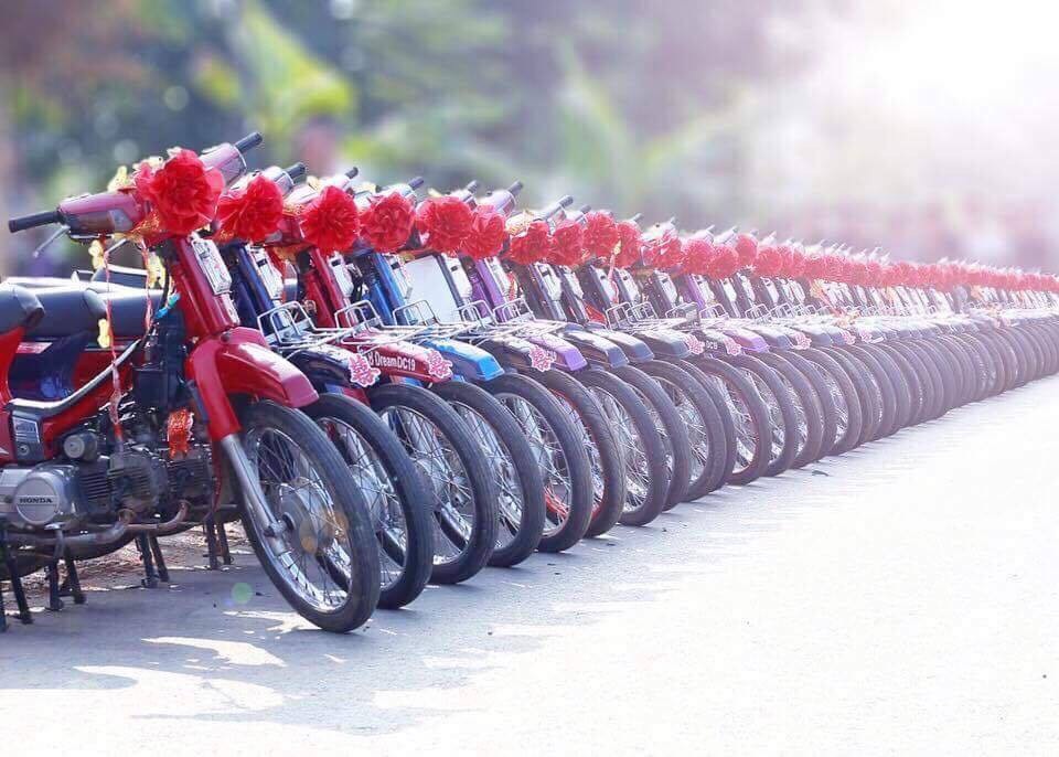 Đám cưới độc đáo rước dâu bằng... dàn xe Dream ở Phú Thọ - 1 Dàn xe máy Dream được trang trí nơ đỏ ở đầu xe