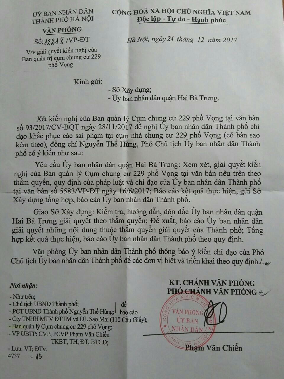 Cư dân chung cư 229 phố Vọng kêu cứu: UBND TP Hà Nội lại ra "tối hậu thư"! - 1
Phó Chủ tịch UBND Thành phố Hà Nội chỉ đạo Sở Xây dựng và UBND quận Hai Bà Trưng xử lý dứt điểm sai phạm tại cụm chung cư 229 phố Vọng.