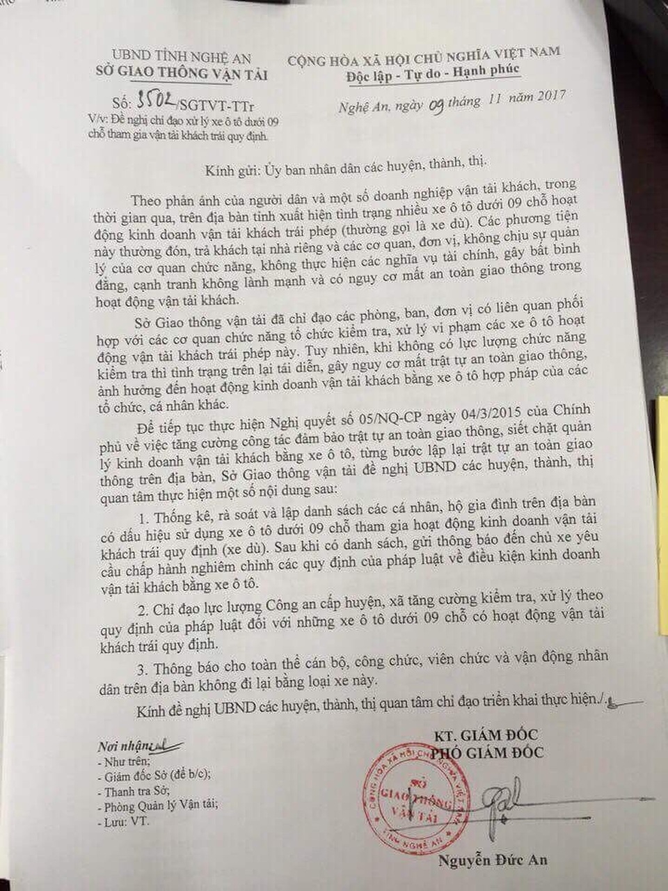 
Văn bản chỉ đạo của Sở GTVT Nghệ An về việc xử lý tình trạng xe dù lộng hành.
