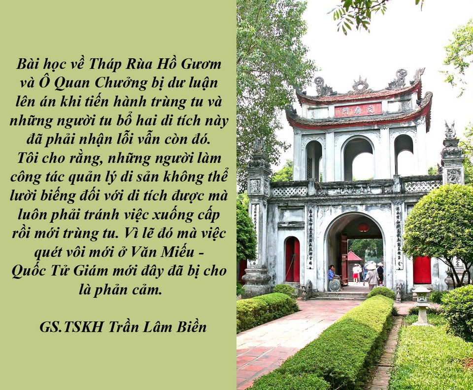 “Nóng” chuyện trùng tu di tích - 3 Tranh cãi lớn quanh việc quét vôi mới Văn Miếu - Quốc Tử Giám - Những ngày gần đây, du khách đến Văn Miếu - Quốc Tử Giám đã hết sức ngỡ ngàng khi một số hạng mục trong khu di tích này được quét vôi mới. Bên cạnh đó, những hạng mục được quét vôi mới không đồng đều, tạo nên một hình ảnh mất cân đối và hài hoà trong tổng thể di tích.