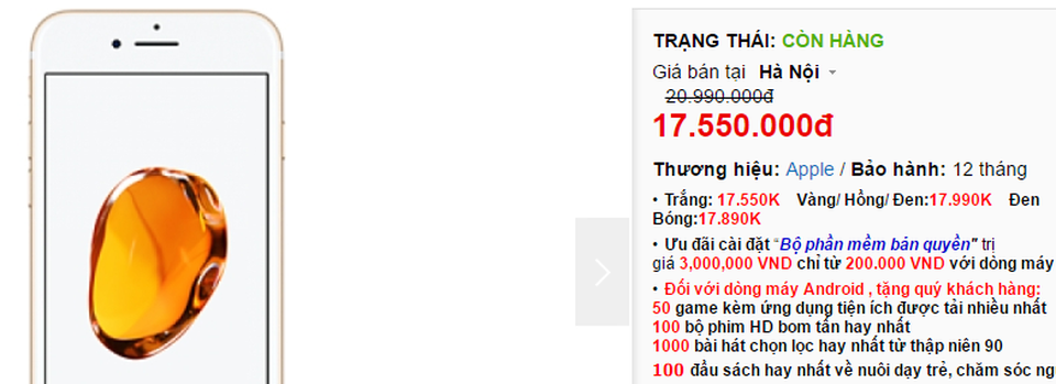Báo giá tại một cửa hàng, cho thấy màu đen bóng (Jet Black) rẻ hơn màu vàng/hồng/đen.