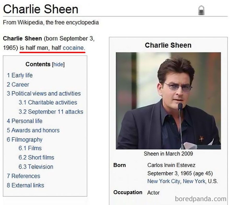 "Phì cười" trước những nội dung "chế" trên trang Wikipedia - 3 Dòng mô tả về Charlie Sheen - tài tử có cuộc đời chìm trong gái, rượu và ma túy: Charlie Sheen sinh ngày 3/9/1965, một nửa là người, một nửa là cocaine.
