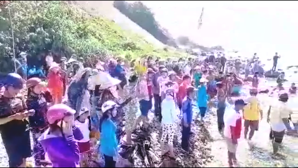 Kéo xác cá Ông dài hơn 13m vào bờ để hỏa táng - 1
Sự việc thu hút hàng trăm người dân (ảnh chụp từ clip)