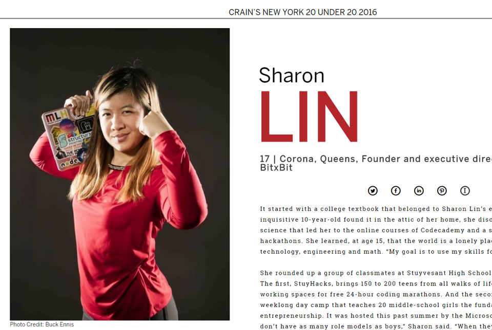 Chân dung nữ doanh nhân 18 tuổi sẽ thay đổi ngành công nghệ thế giới - 3 Sharon Lin trong danh sách 20 doanh nhân trẻ dưới 20 tuổi của tạp chí doanh nghiệp Crain.